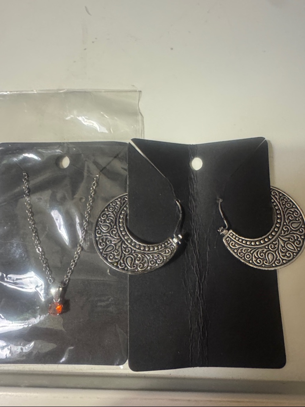 Silver-Tone Filigree Crescent Hoop Earrings & Red Pendant Necklace Set